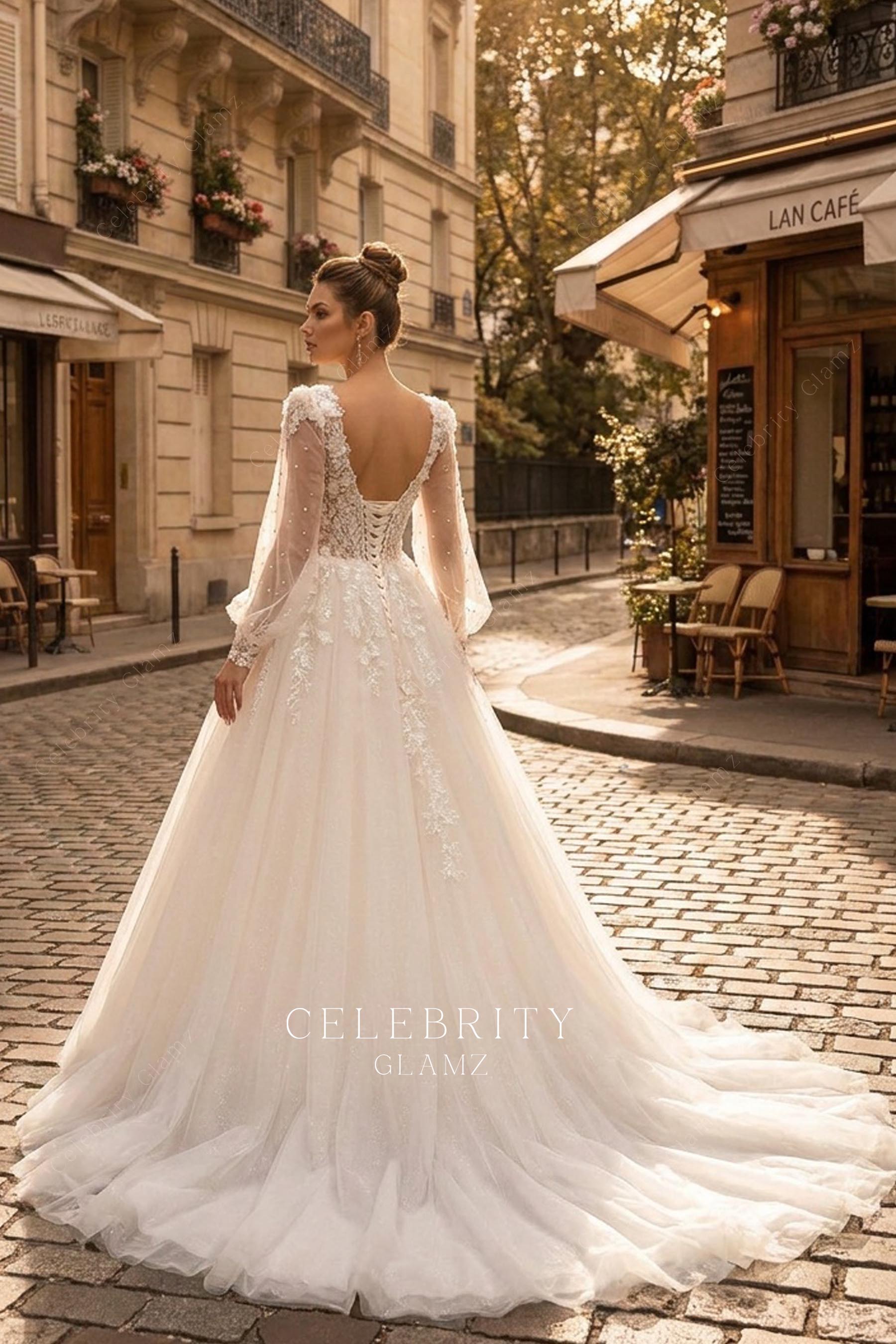 white a line long train wedding dress