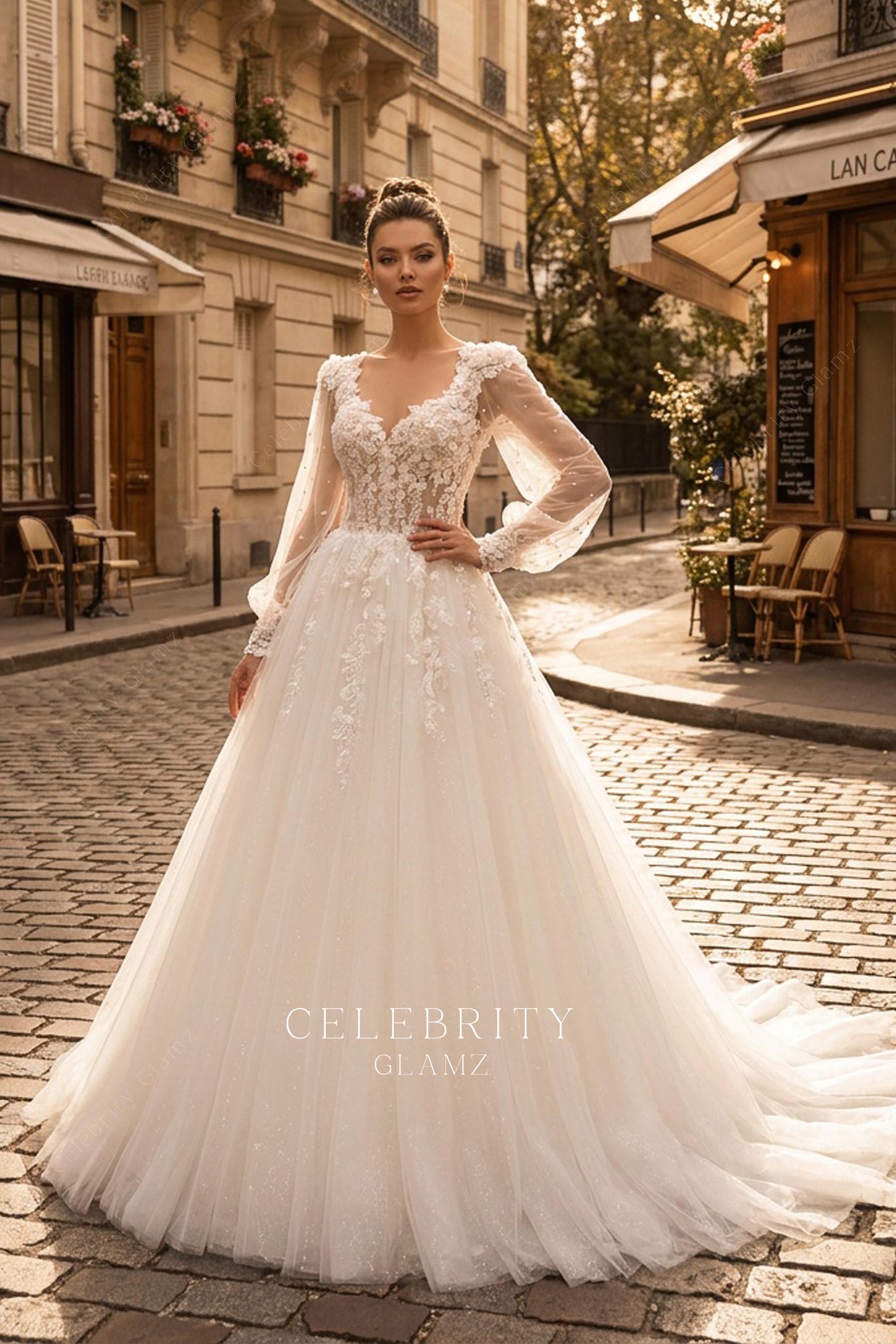 white beaded lace a line wedding dress