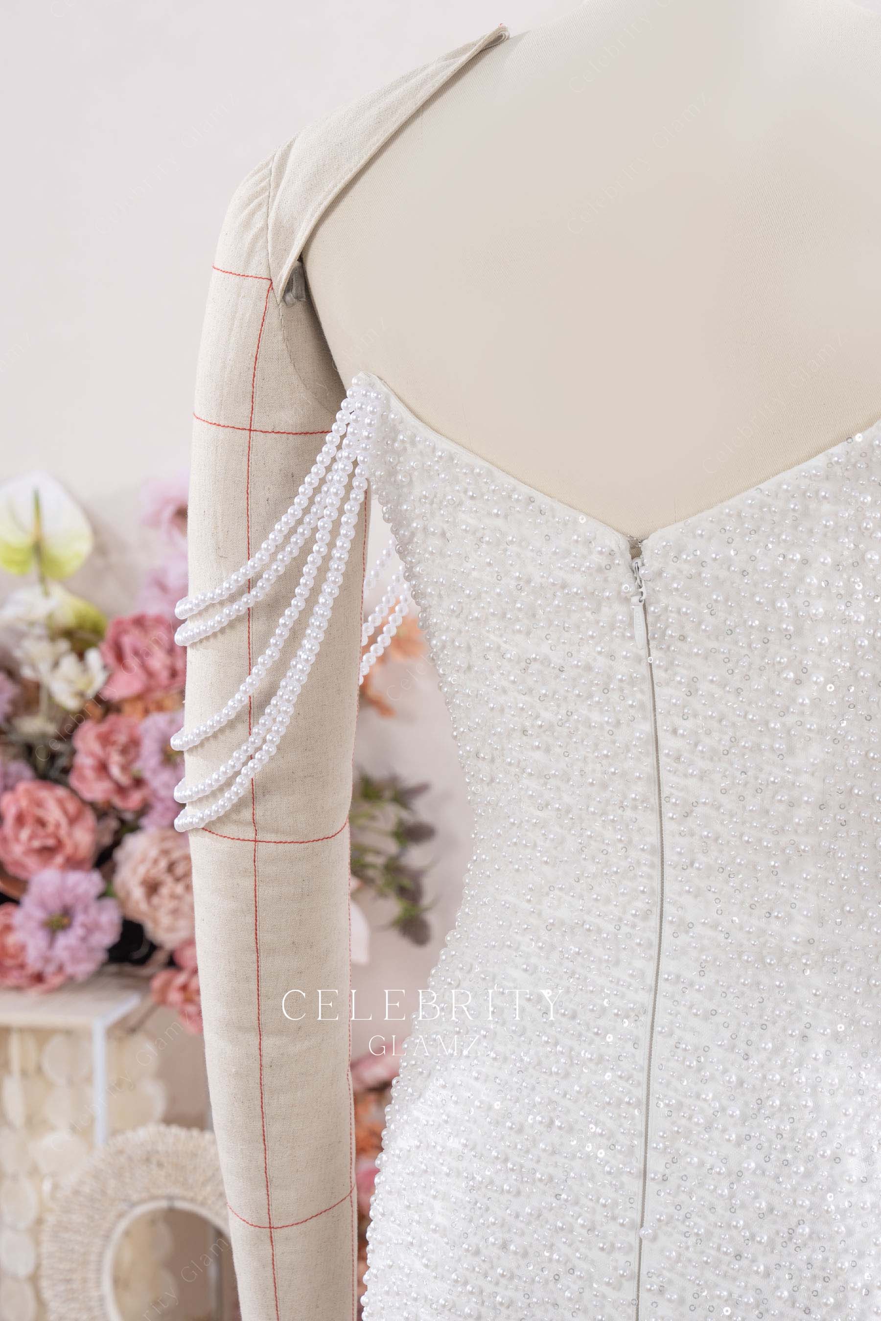 white beaded straps prom dress