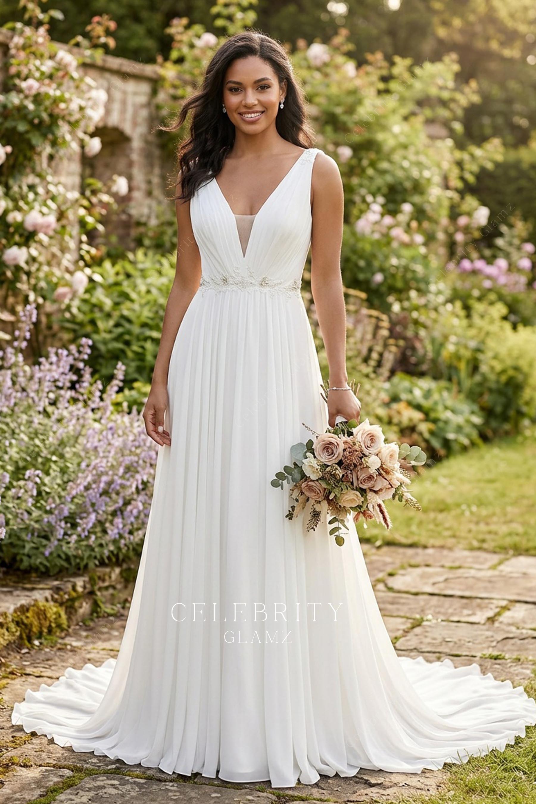 white chiffon a line bridal dress