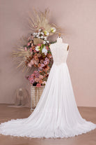 white chiffon chapel train bridal dress