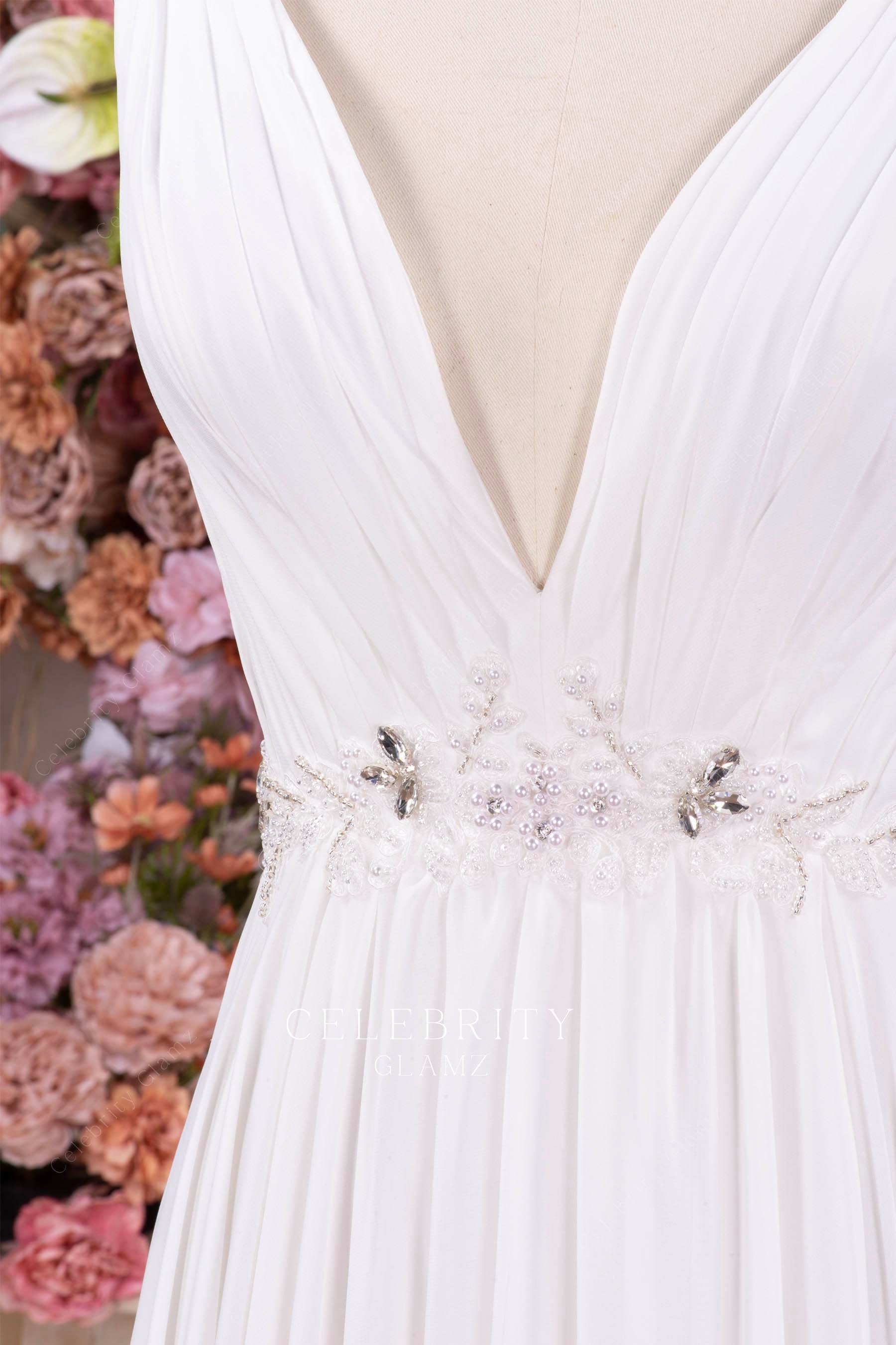 white chiffon plunging neck bridal dress