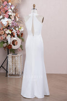 white crepe floor length wedding dress