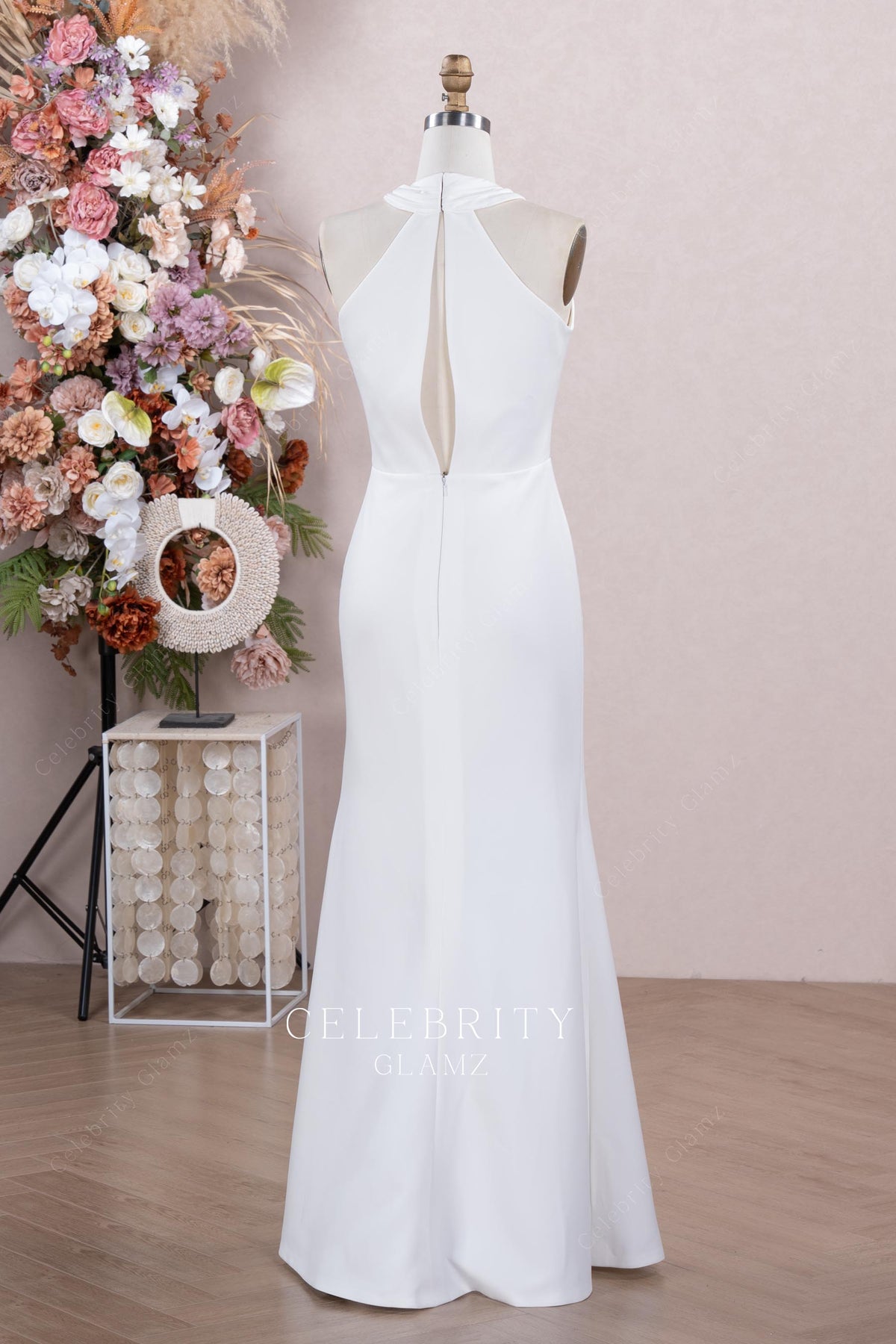 white crepe floor length wedding dress