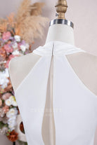 white crepe keyhole back bridal dress