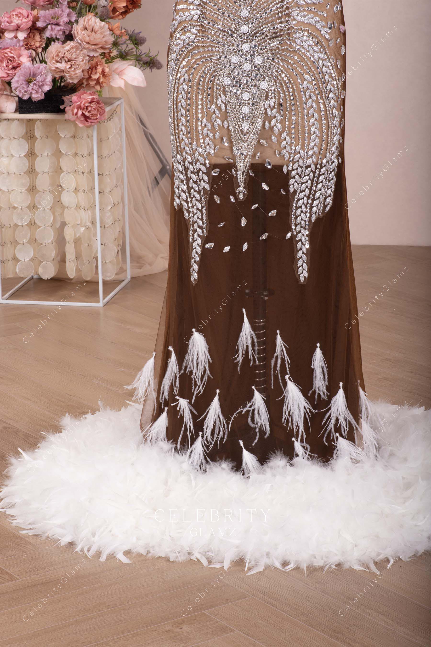 white feather hem prom dress