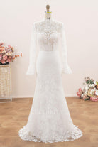 white floral lace high neck wedding dress