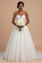 white floral lace strapless wedding dress