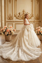 white flower chapel train first communion gown