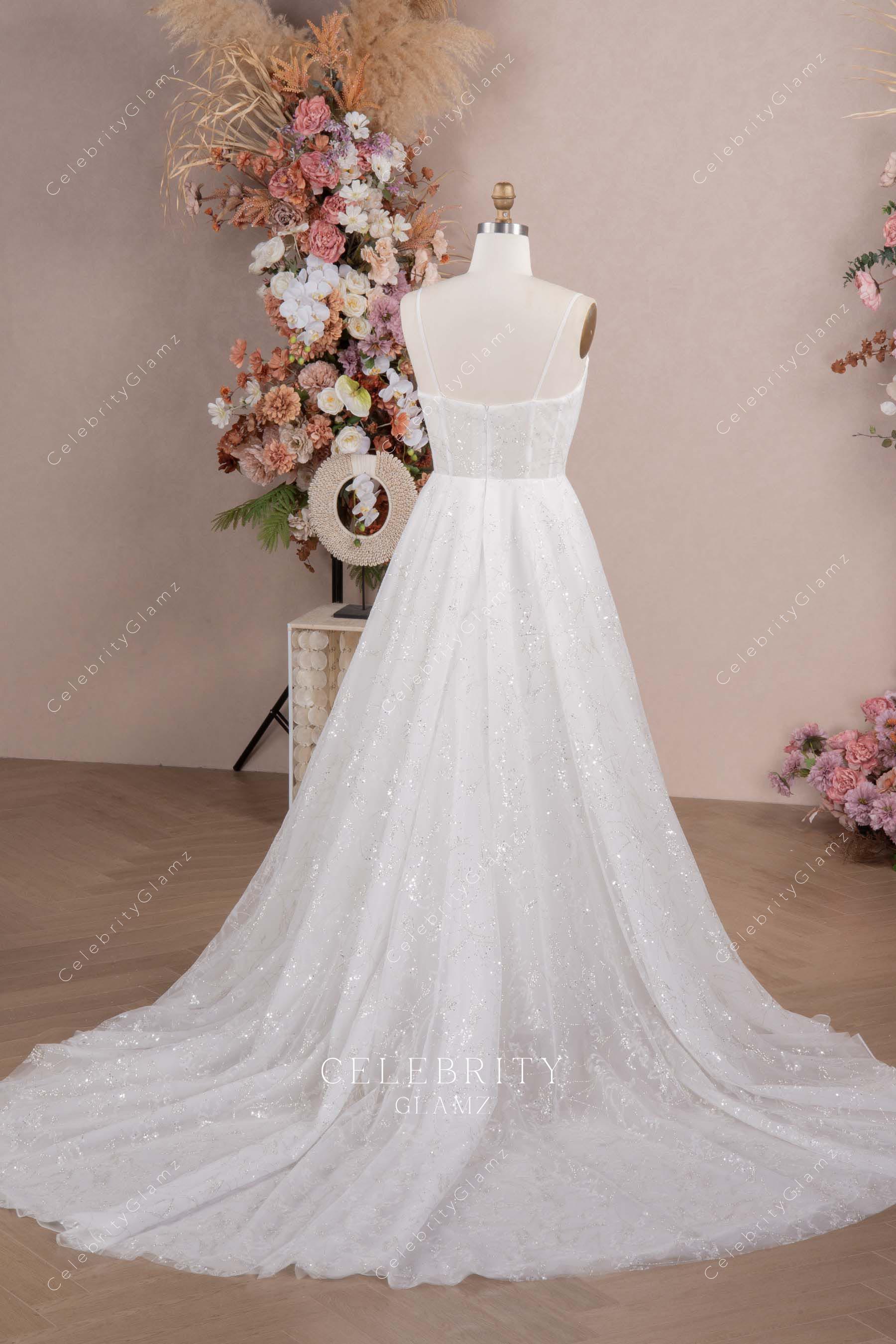 white glitter chapel train wedding dress