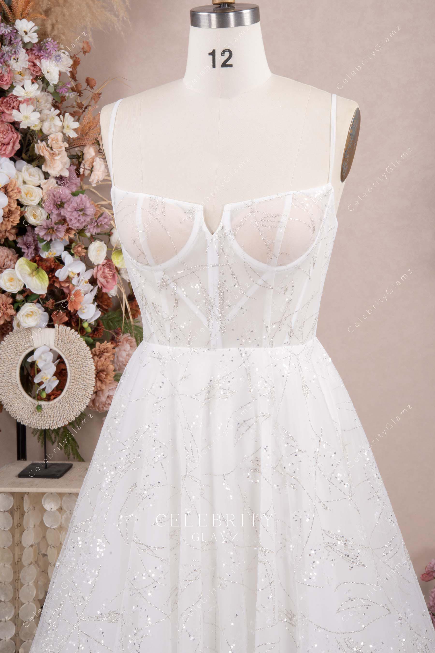 white glitter v cut neck wedding dress