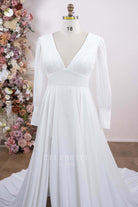 white high slit neck wedding dress