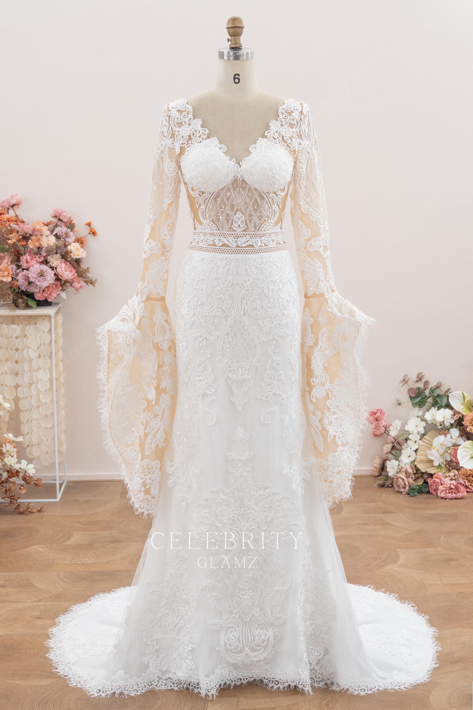 white lace boho bridal dress