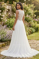 white lace chiffon illusion back bridal dress