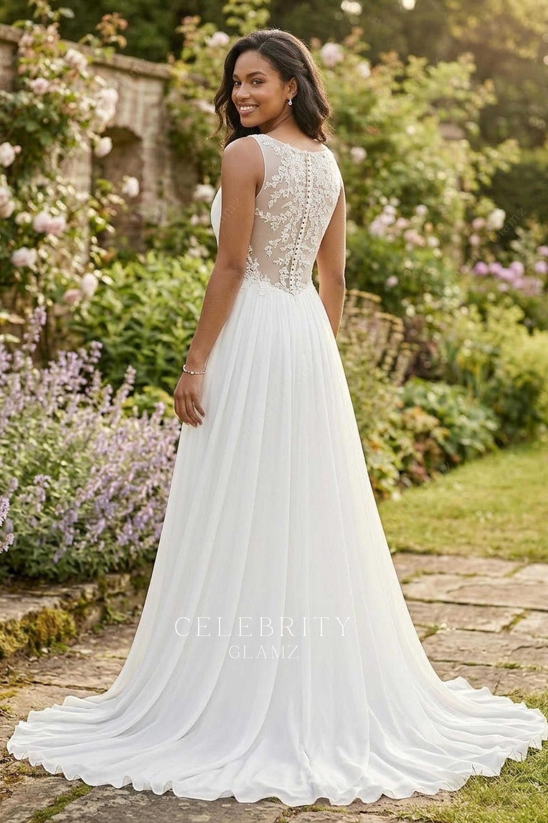white lace chiffon illusion back bridal dress