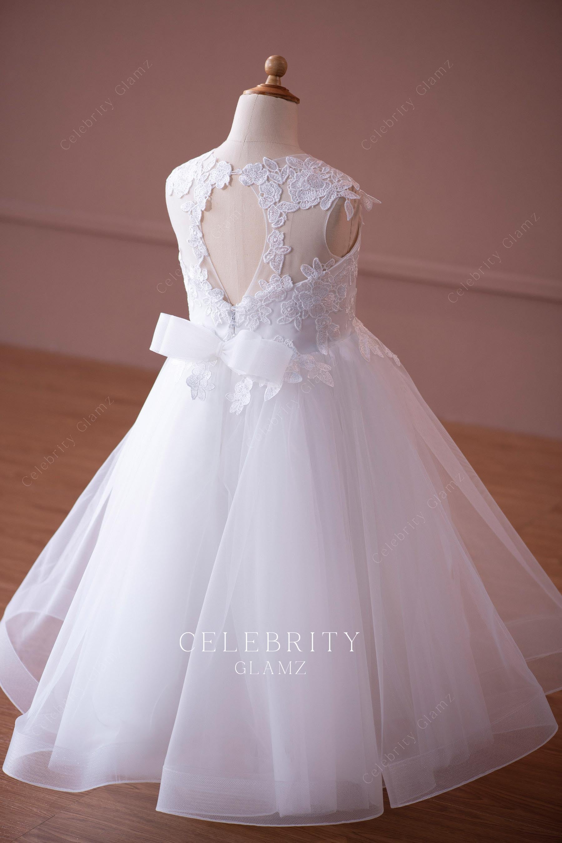 white lace illusion lace back flower girl dress