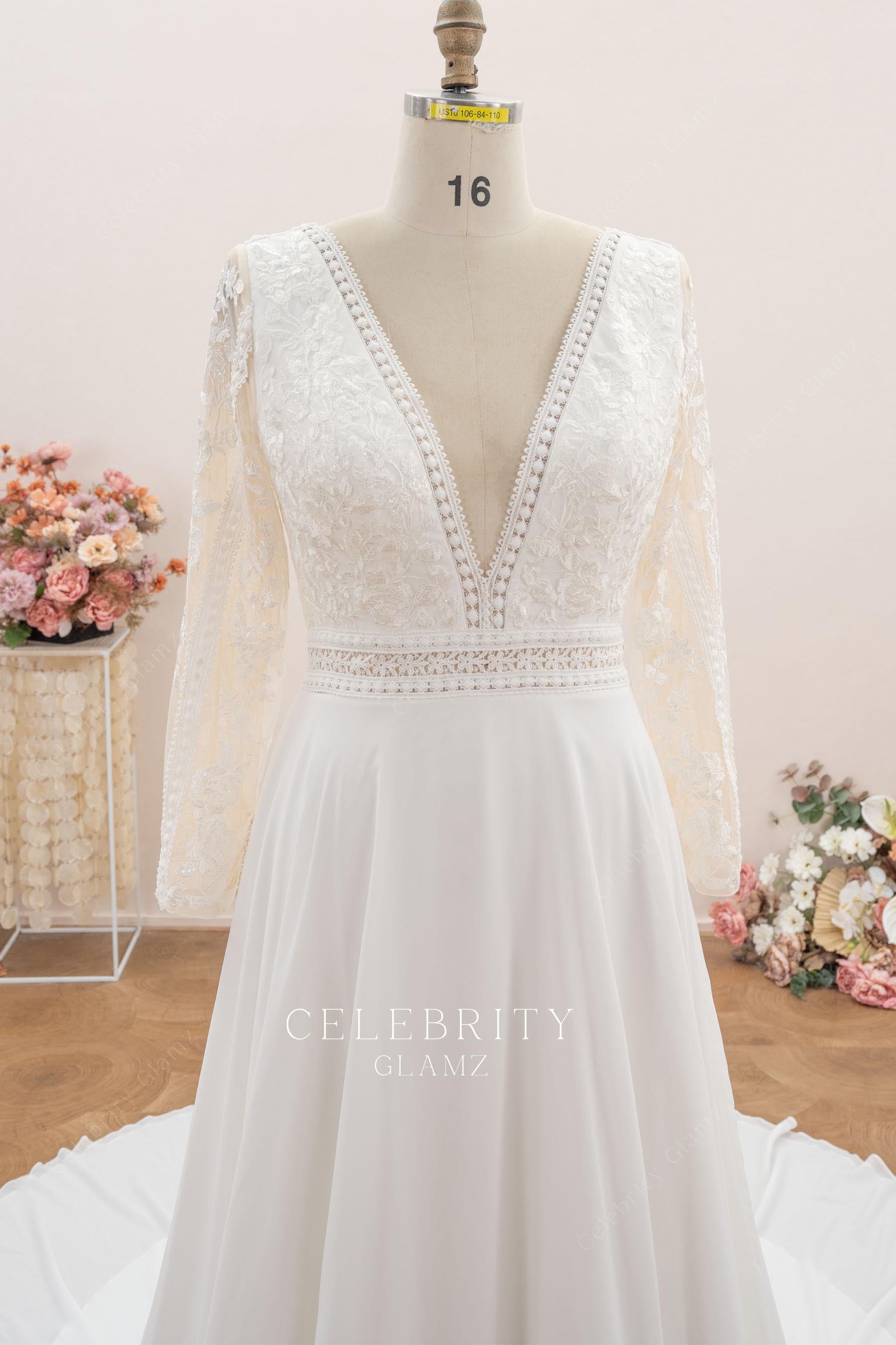 white lace plunging neck wedding dress