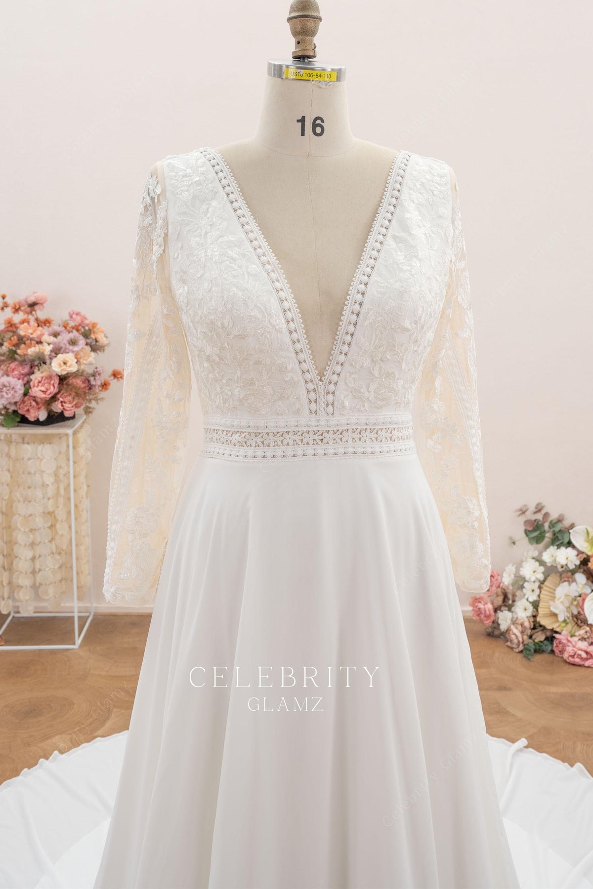 white lace plunging neck wedding dress