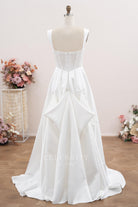 white lace satin bustled up wedding dress