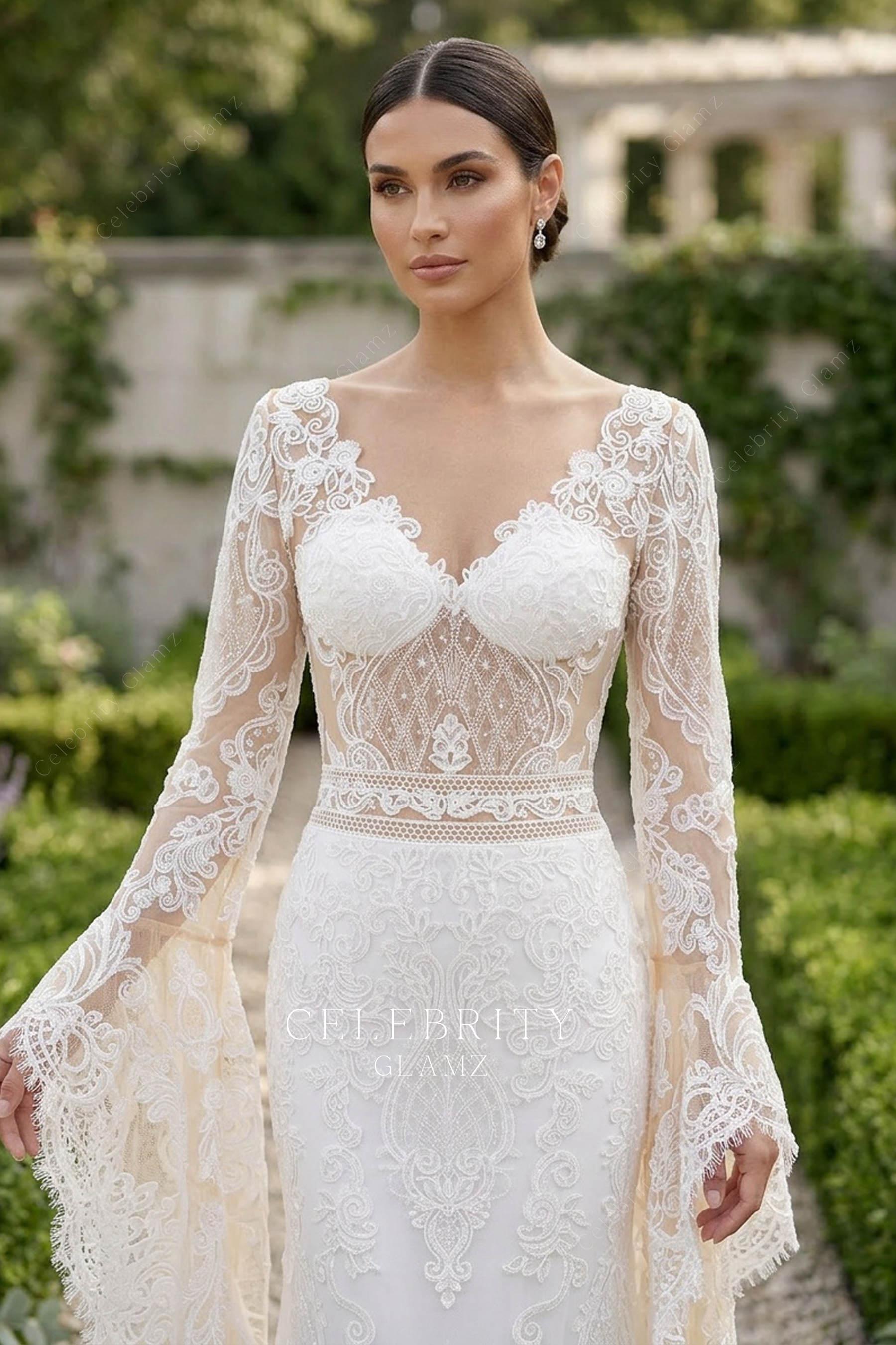 white lace sheer bodice bridal dress