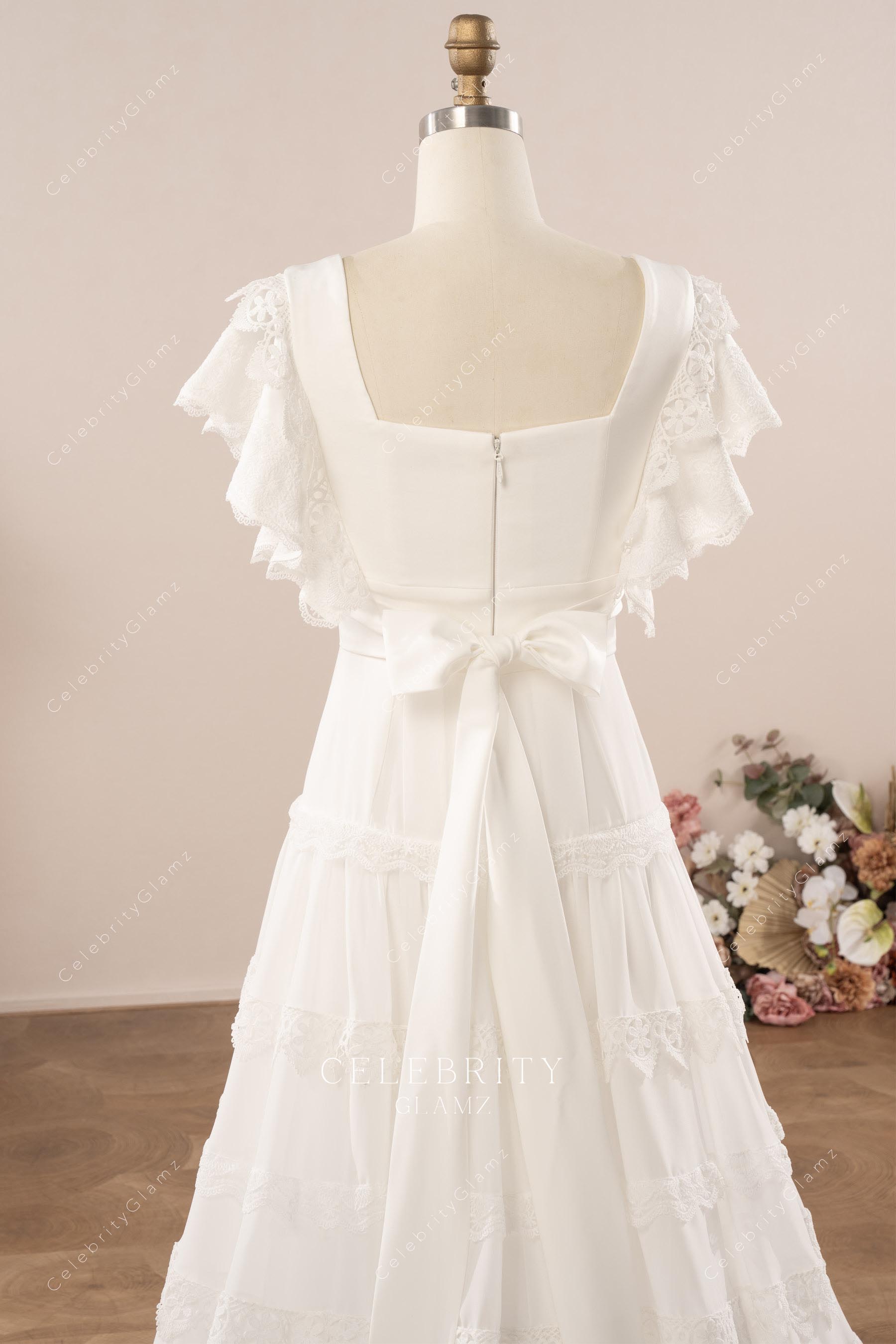 white lace square back wedding dress