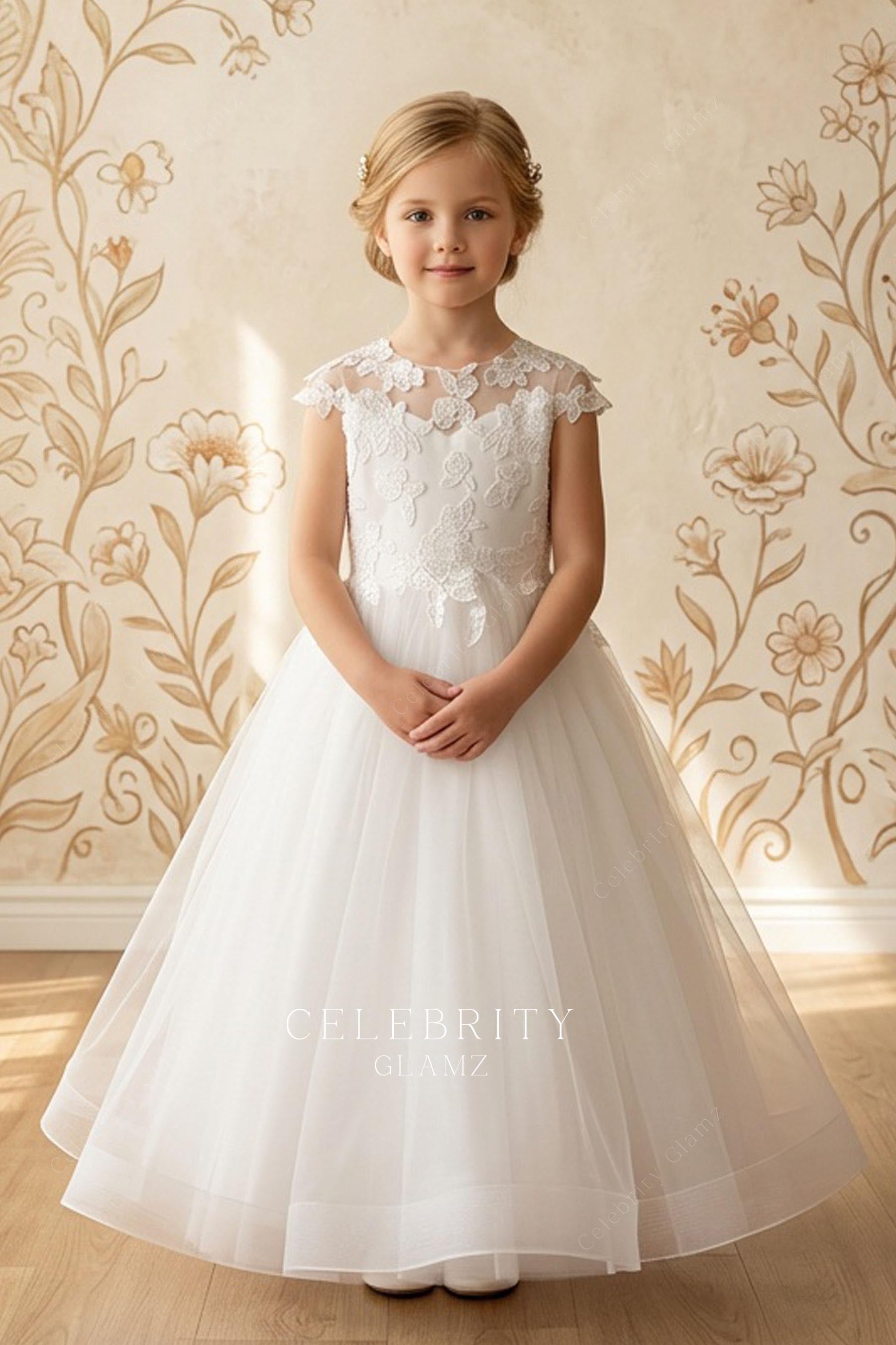 white lace tulle a line flower girl dress