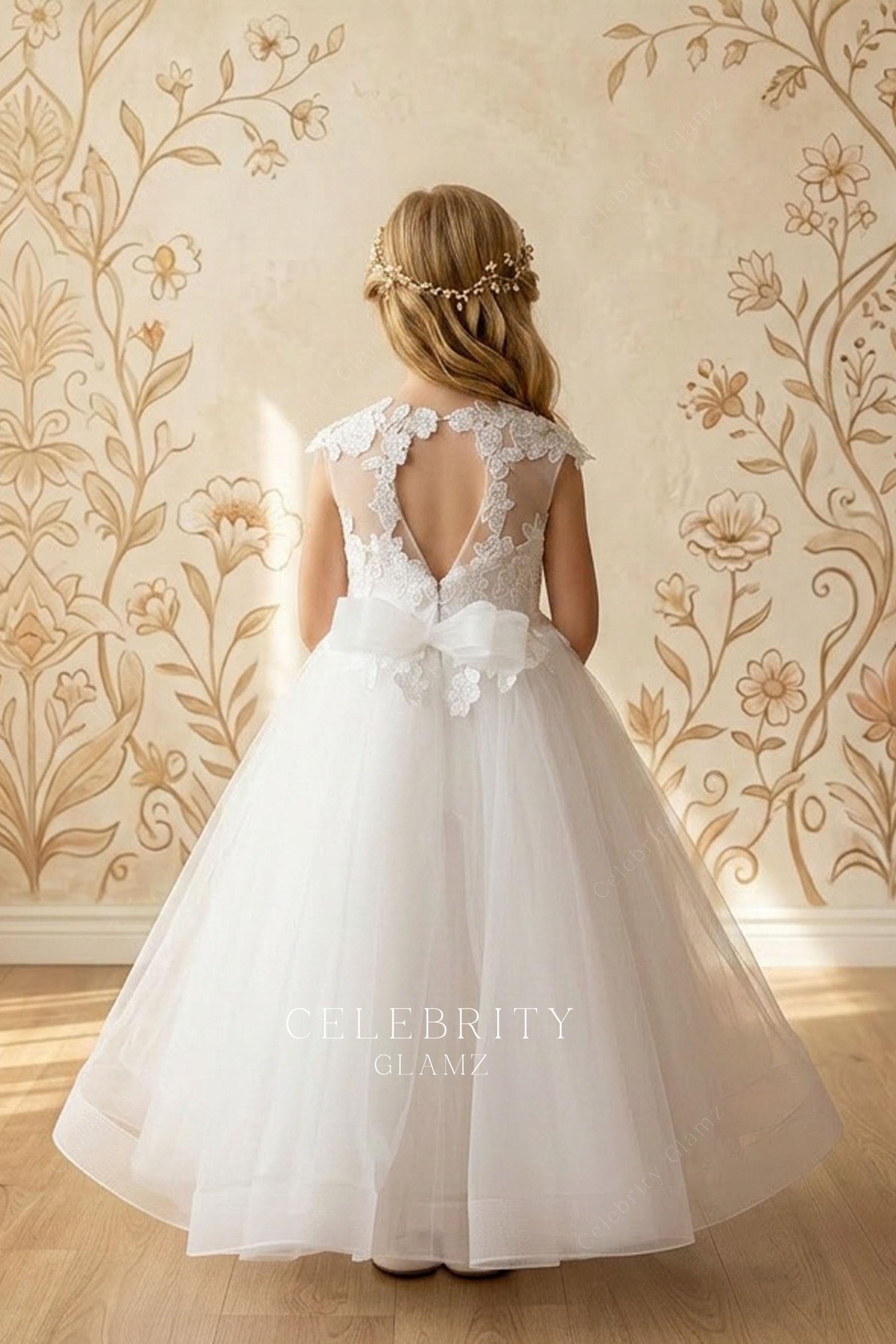 white lace tulle back bowknot flower girl dress