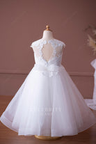 white lace tulle floor length flower girl dress