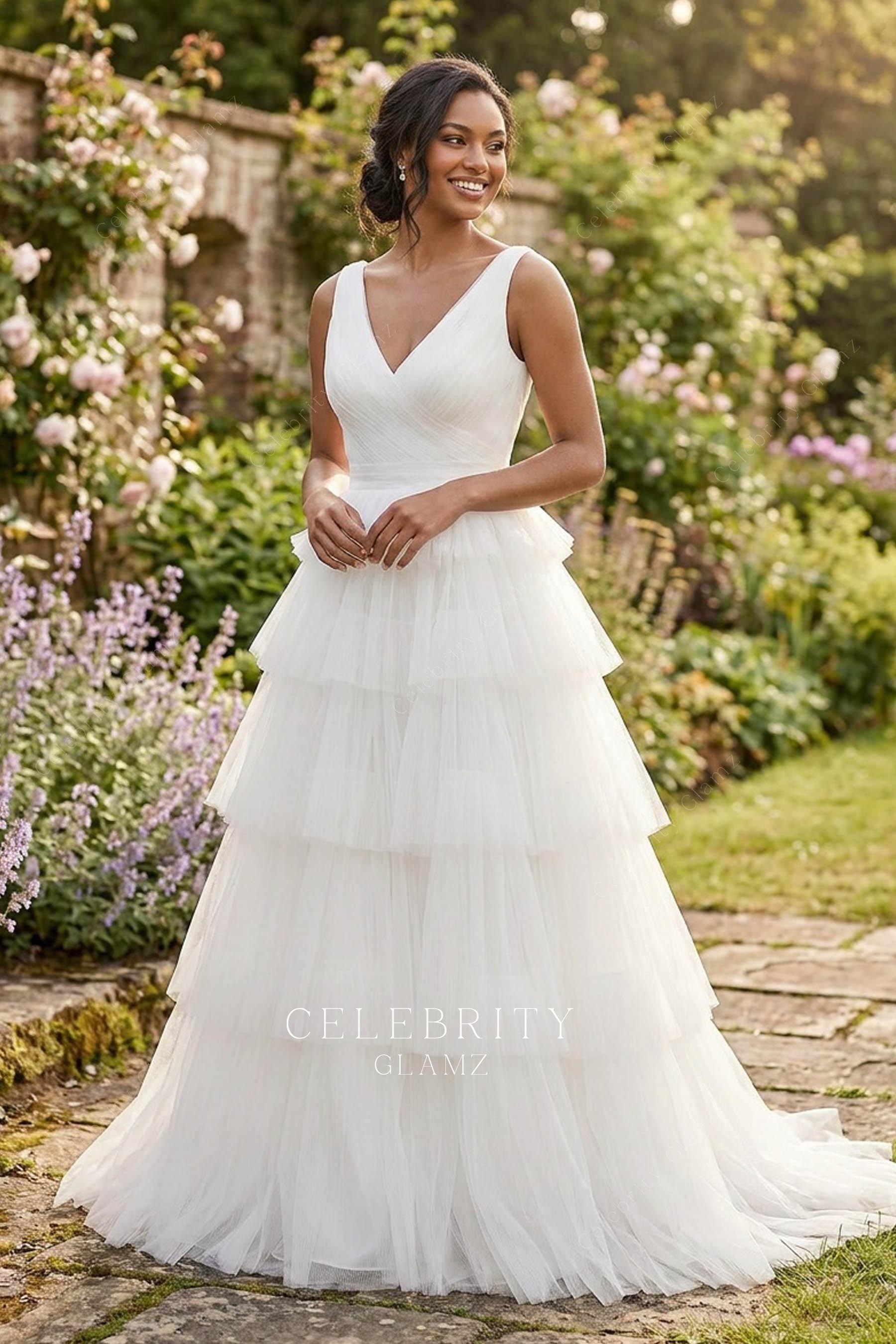 white layered tulle a line wedding dress