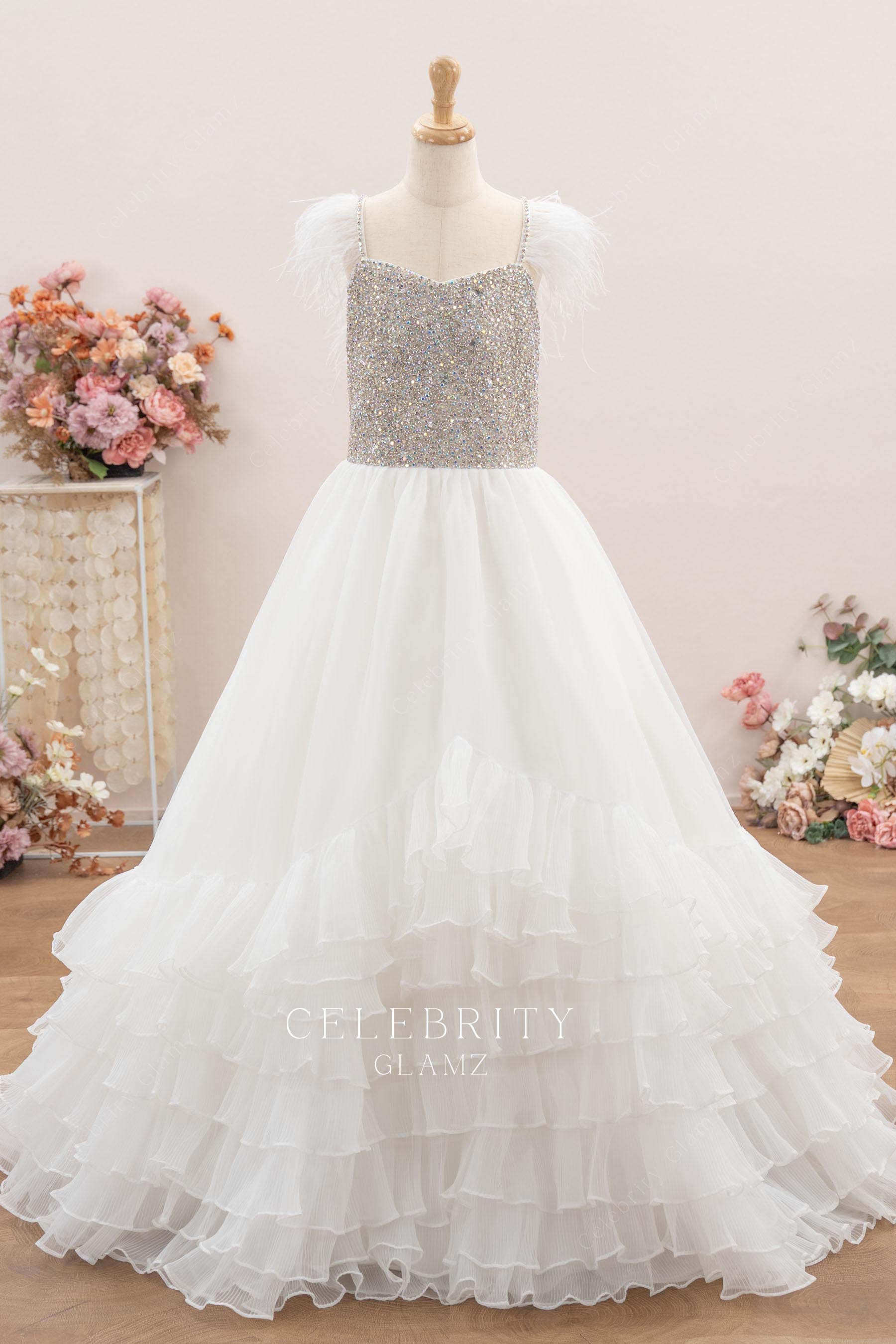 white organza a line kids pageant dress