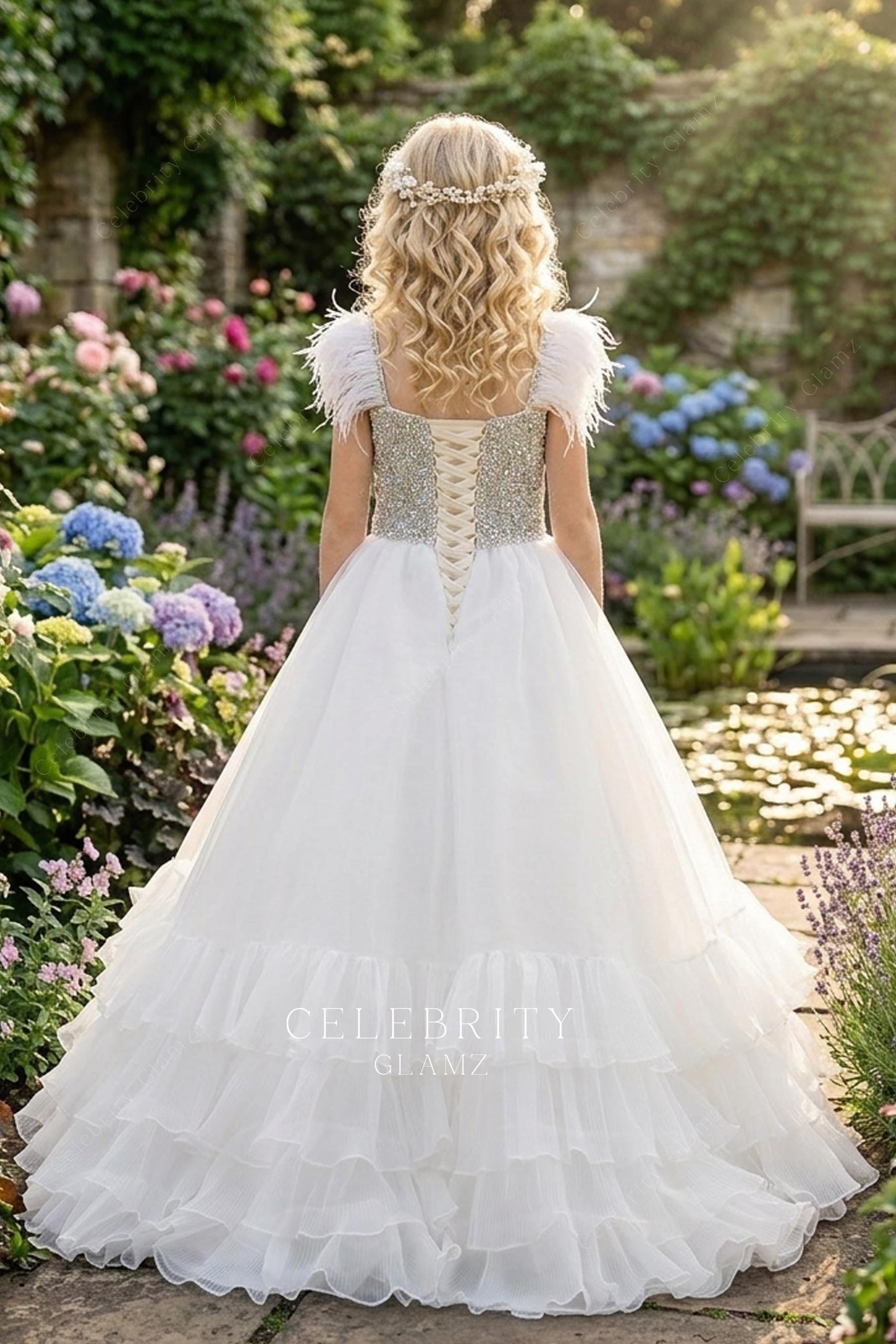 white organza feathered shoulder kids pageant dress