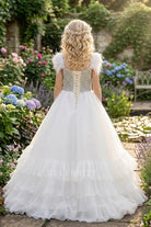 white organza feathered shoulder kids pageant dress