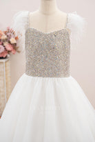 white organza v neck kids pageant dress
