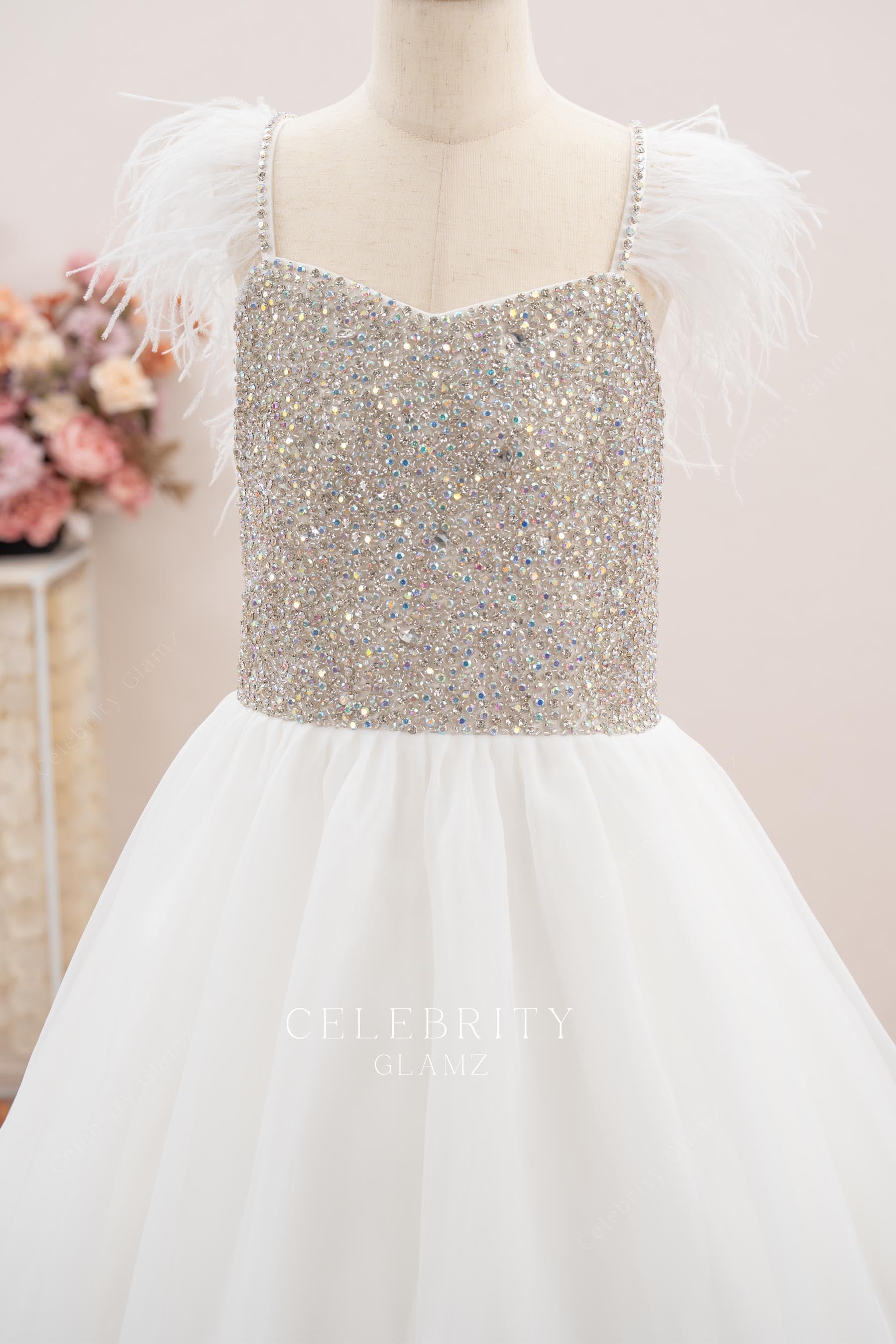 white organza v neck kids pageant dress