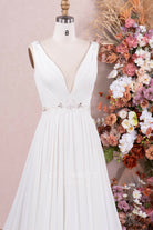 white pleated chiffon a line bridal dress