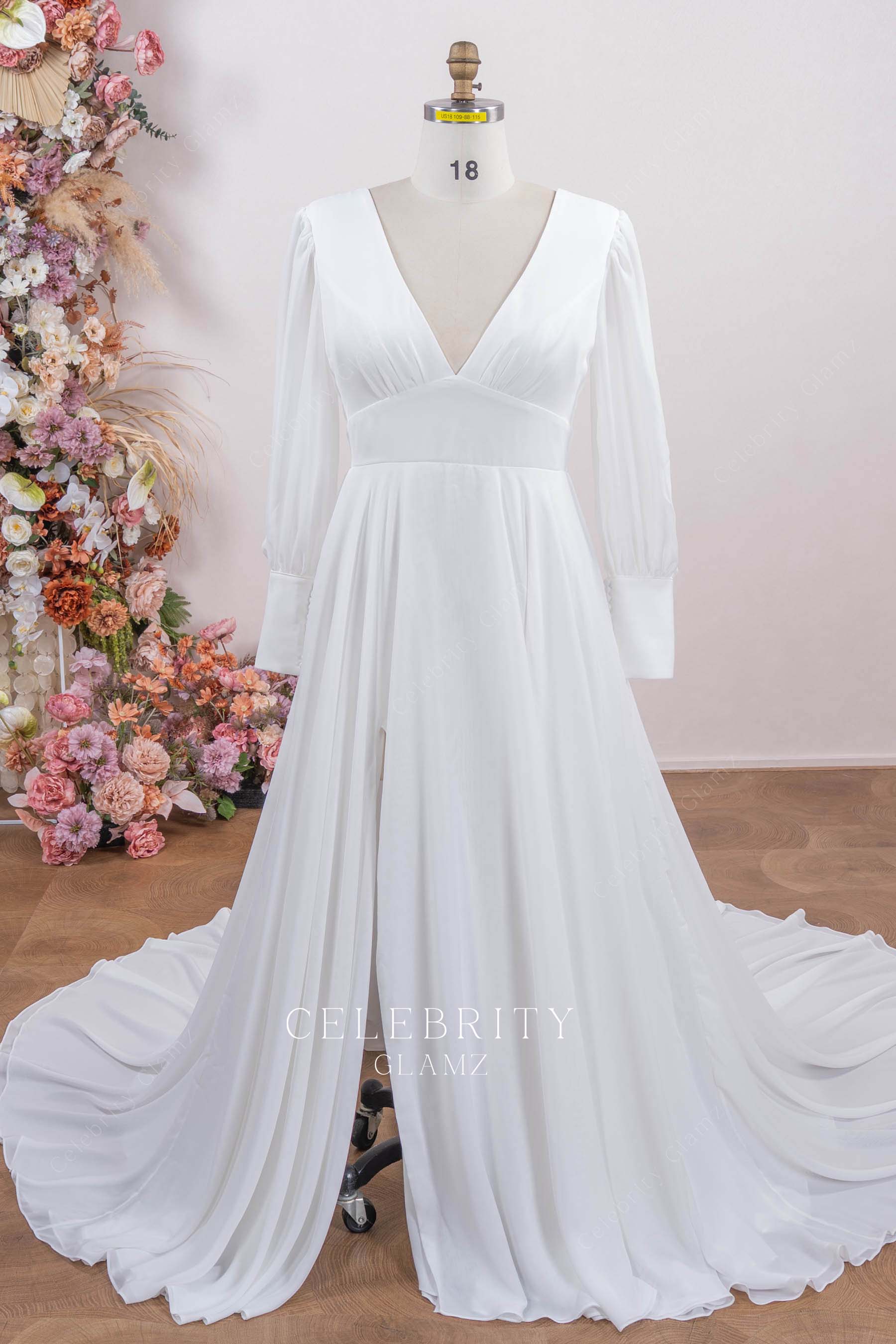 white plunging neck wedding dress