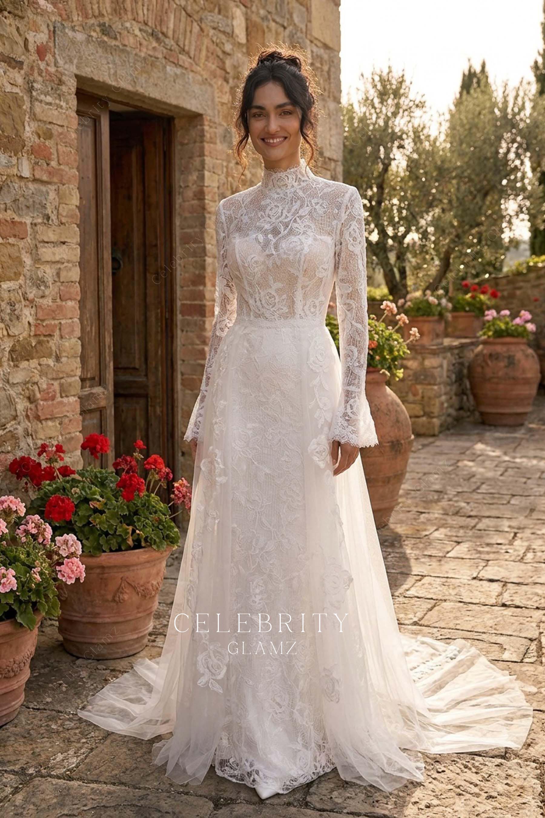 white rose lace fit flare wedding dress