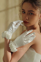 white satin 3d flower bridal gloves