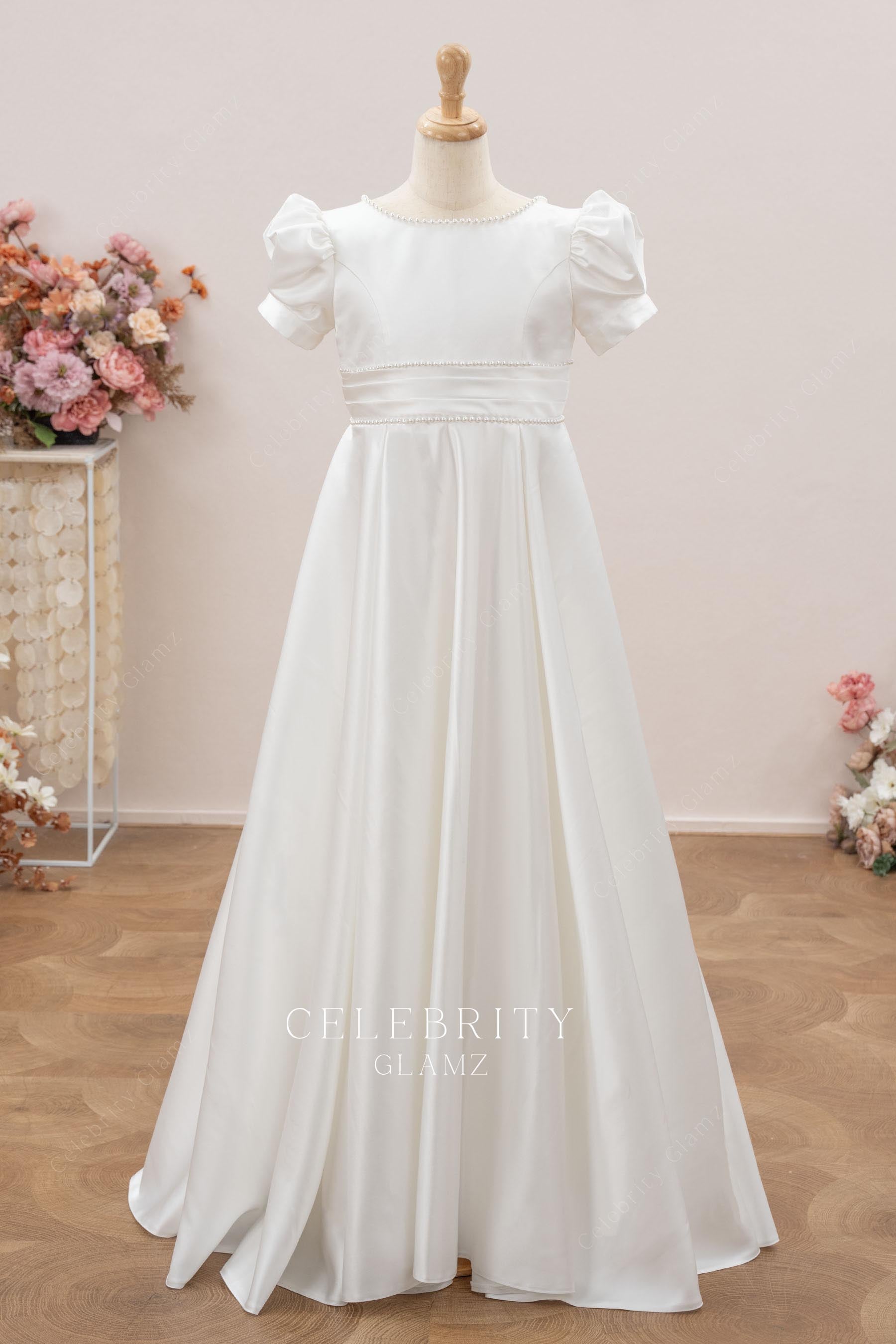 white satin a line flower girl dress