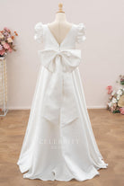white satin a line sweep train flower girl dress