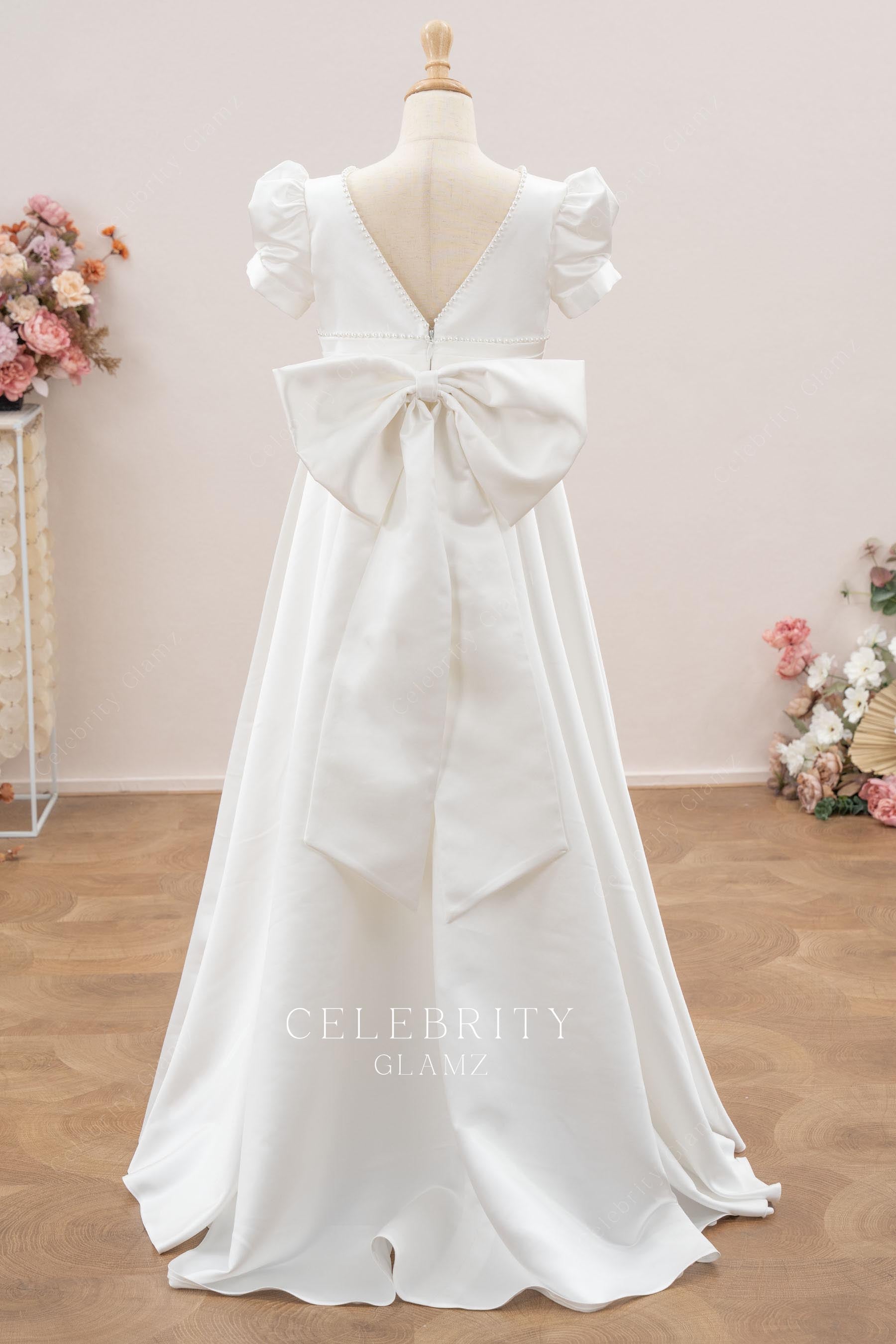 white satin a line sweep train flower girl dress