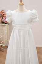white satin boat neck flower girl dress