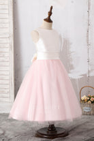 white satin bodice pearl pink flower girl dress