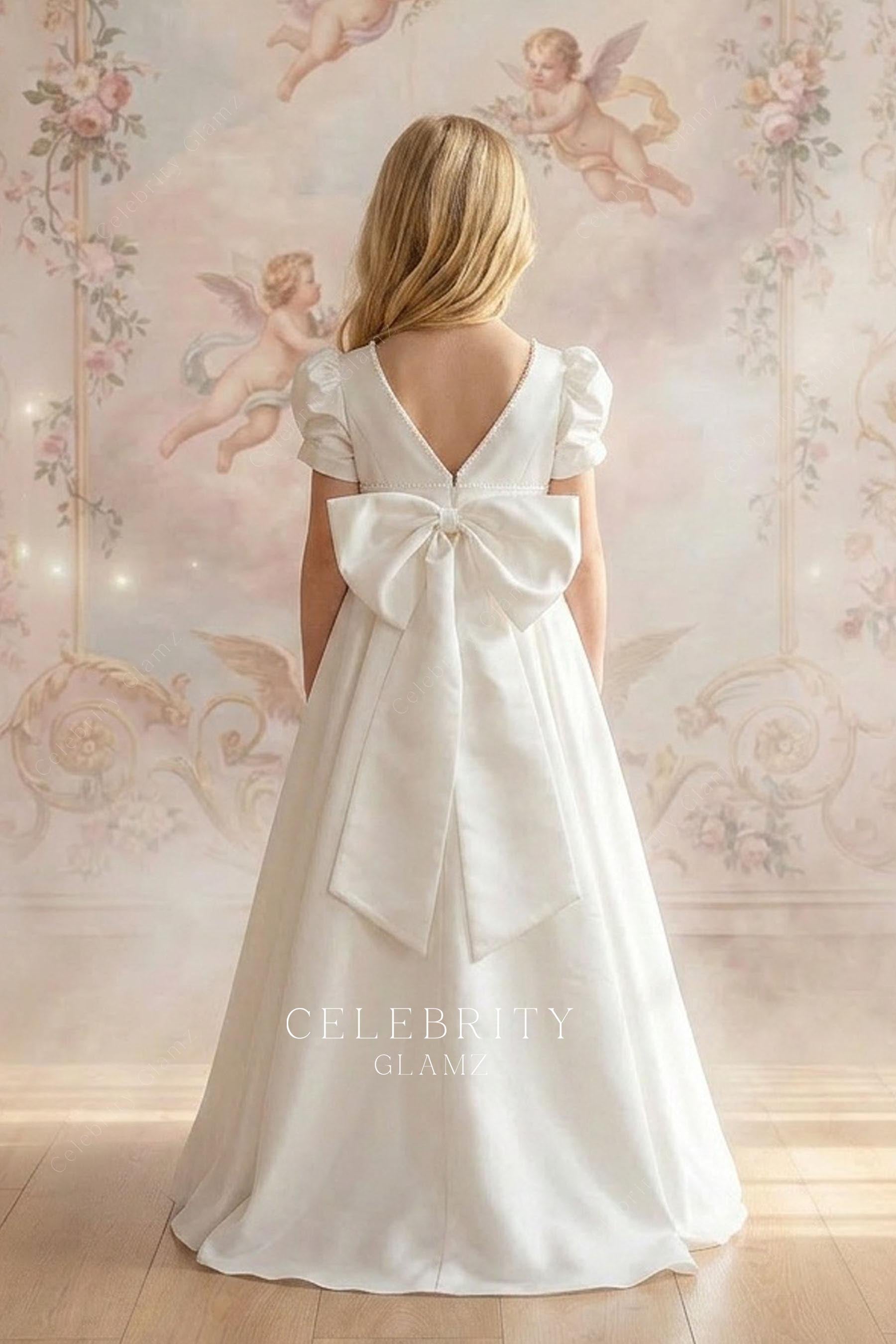 white satin bowknot a line flower girl dress