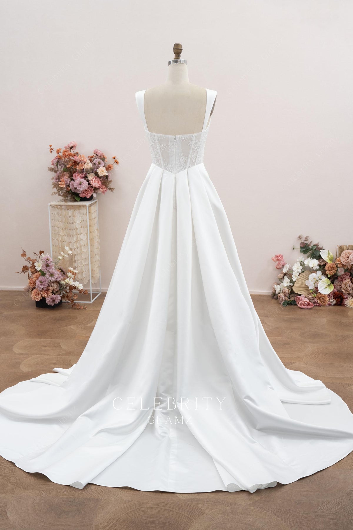 white satin chapel train bridal dress
