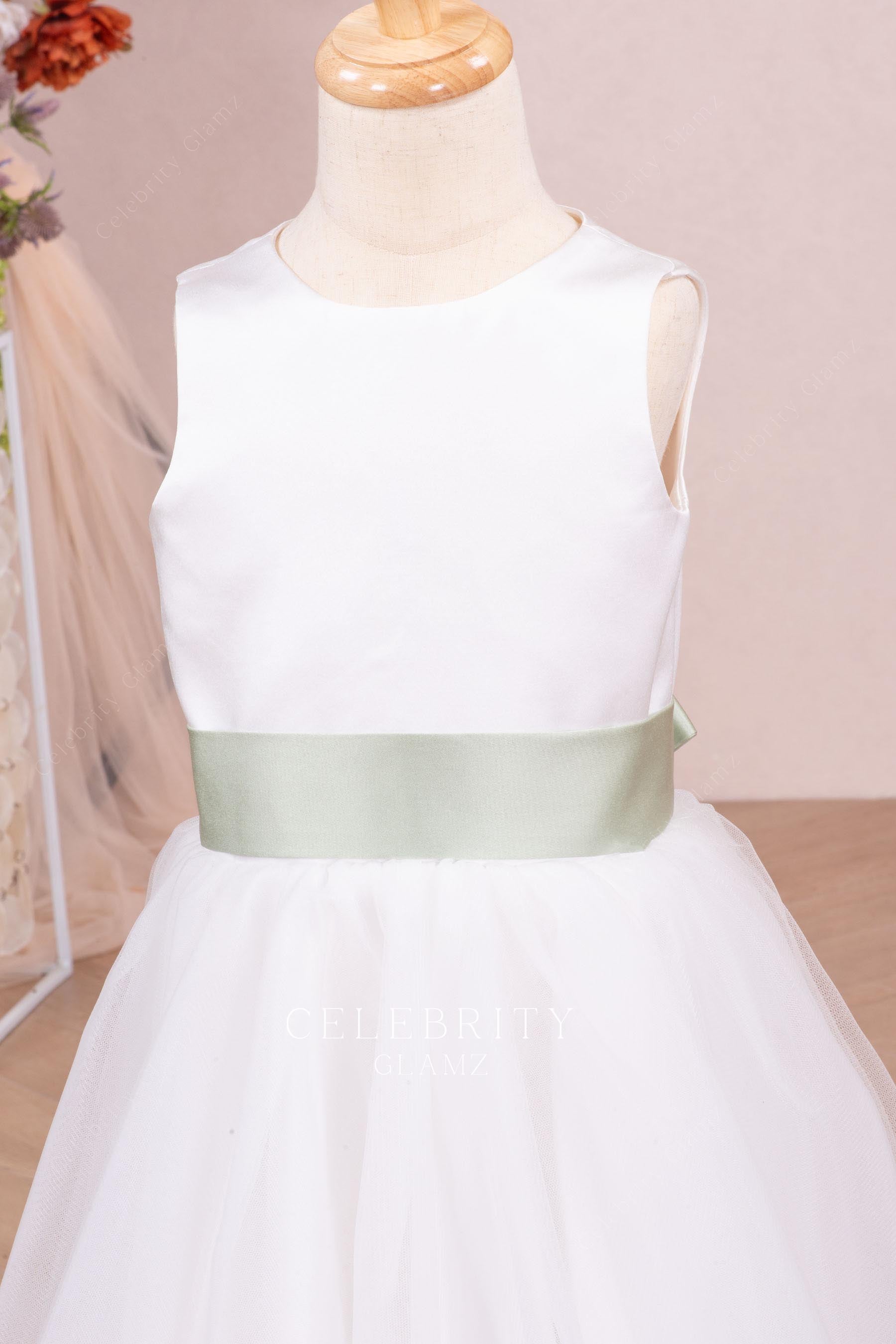 white satin green waistband flower girl dress