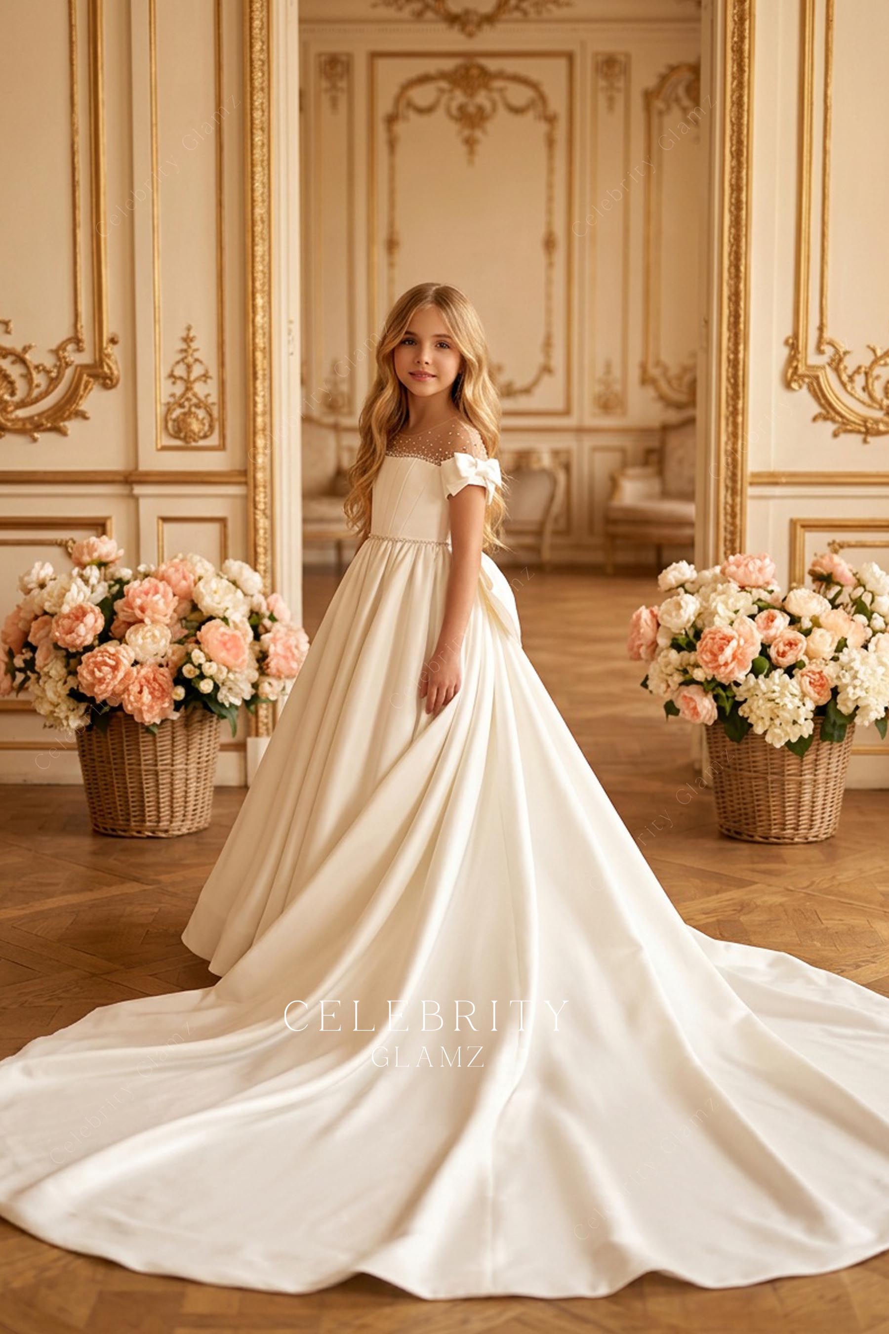 white satin illusion neck first communion gown