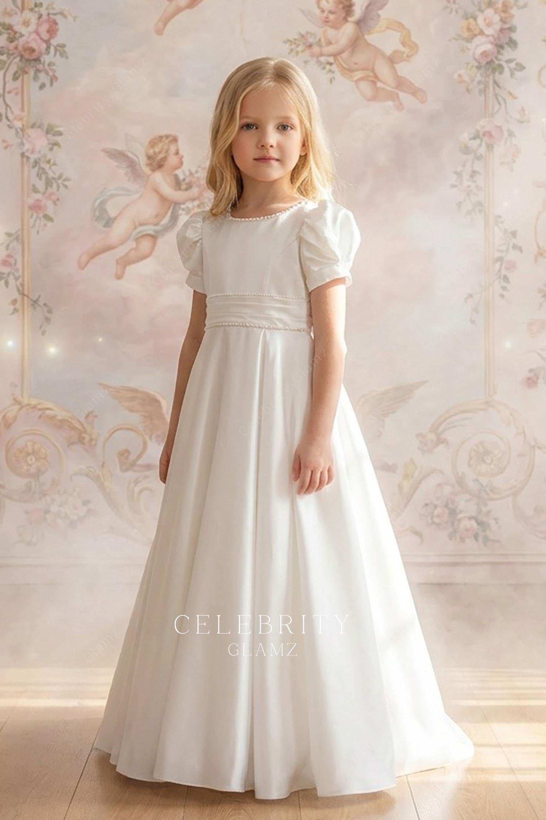 white satin puffy sleeve flower girl dress