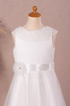 white satin sleeveless flower girl dress