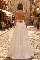 white satin thin straps wedding dress